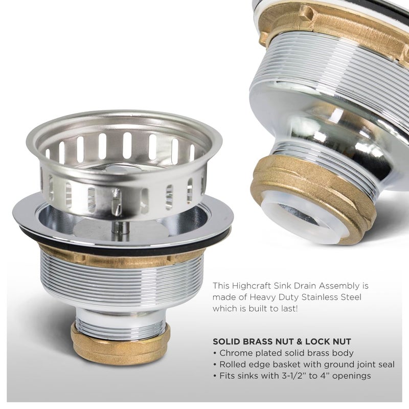 Highcraft Heavy Duty Kitchen Sink Drain Assembly 3-1/2 Inch Stainless Steel Strainer Basket & Stopper, Standard Sink Drain - Image 3